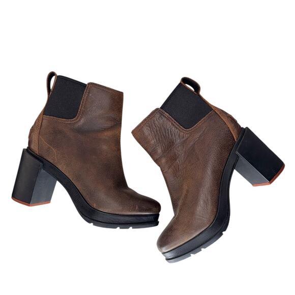Sorel Blake Chunky Block Heel Brown Leather Chelsea Heeled Boots Size 6.5 - Picture 4 of 11
